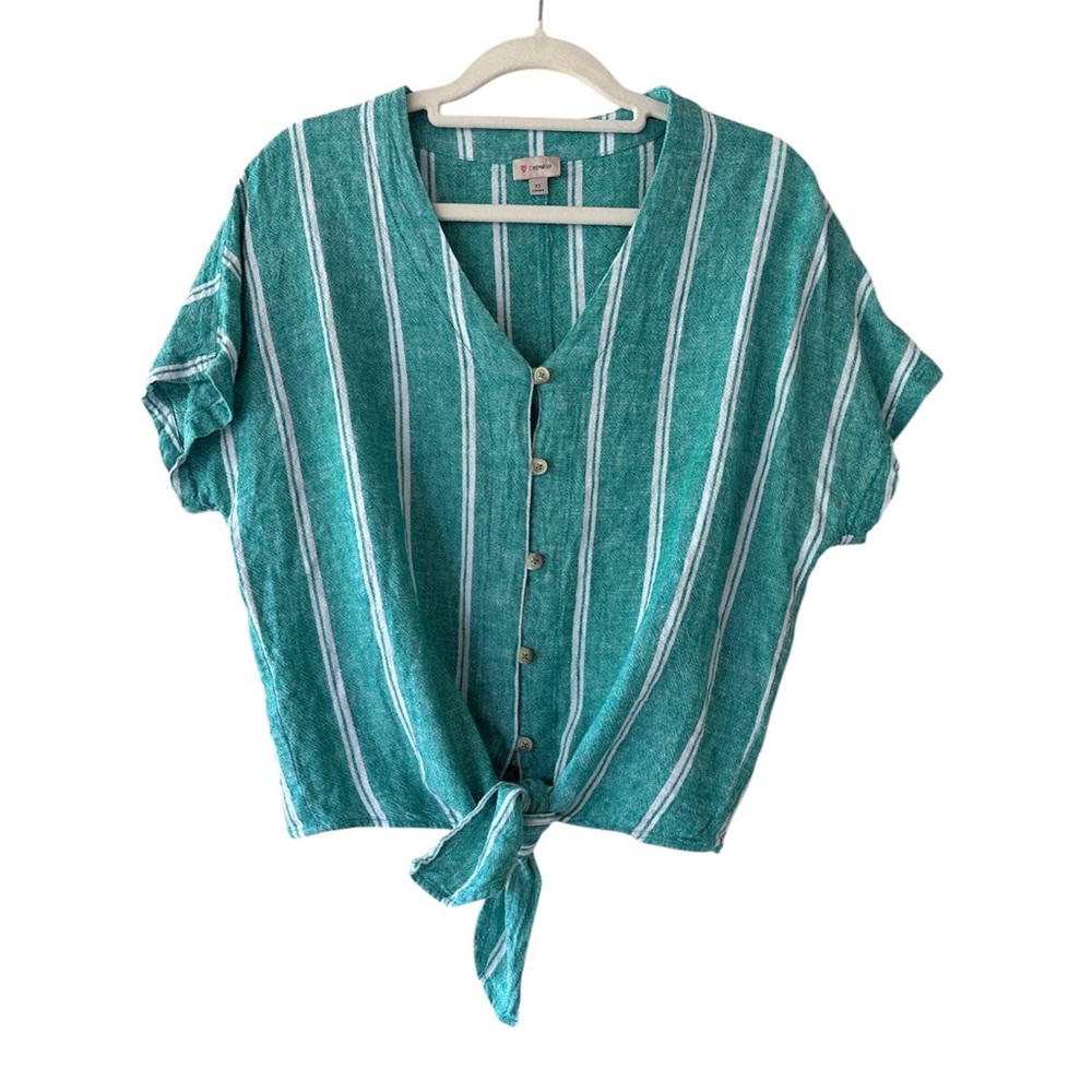 Cremieux Women's Linen Blend Teal Green Striped Dolman Sleeve Tie Blouse Sz XS